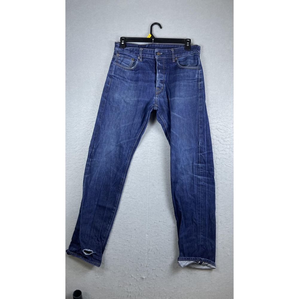 Railcar Fine‎ Goods Jeans Mens 32x32 Blue Straight Leg Denim Made USA Distressed